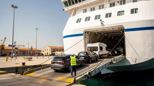 Veicoli in fila che imbarcano su un traghetto per la Sardegna attraverso la rampa di carico al porto italiano