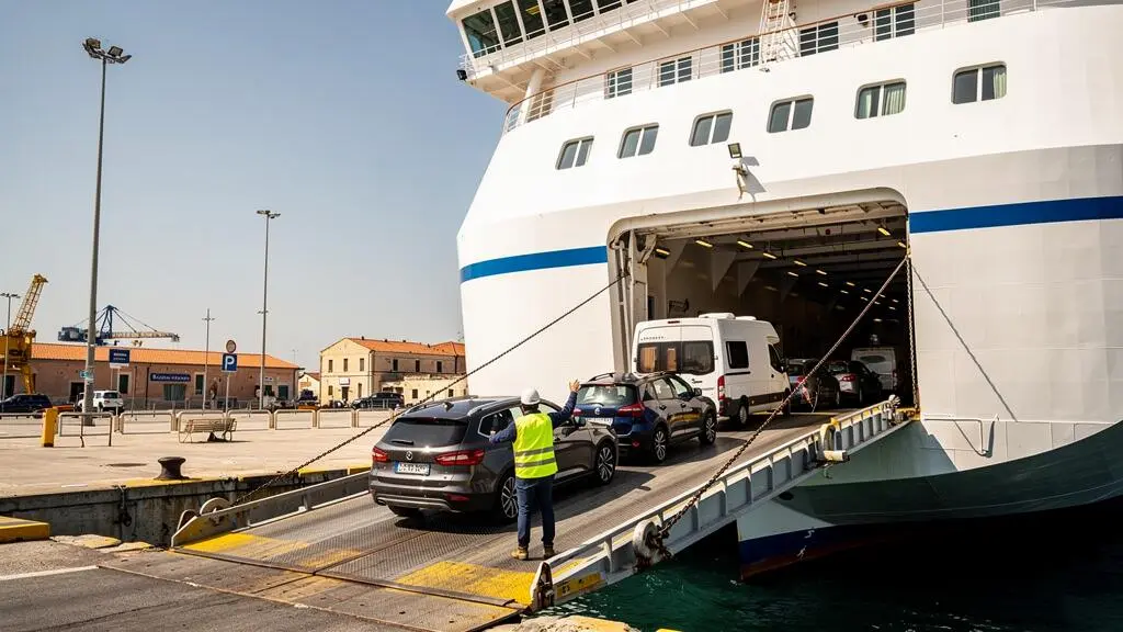 Veicoli in fila che imbarcano su un traghetto per la Sardegna attraverso la rampa di carico al porto italiano