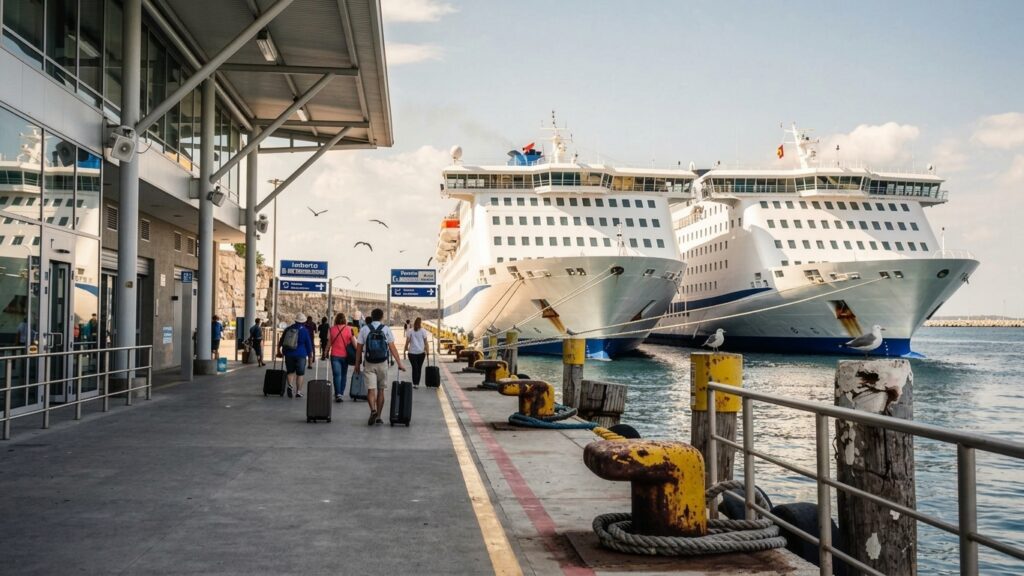 Terminal portuale italiano con traghetti ormeggiati e passeggeri che si dirigono verso le aree d'imbarco Terminal portuale italiano con traghetti ormeggiati e passeggeri che si dirigono verso le aree d'imbarco