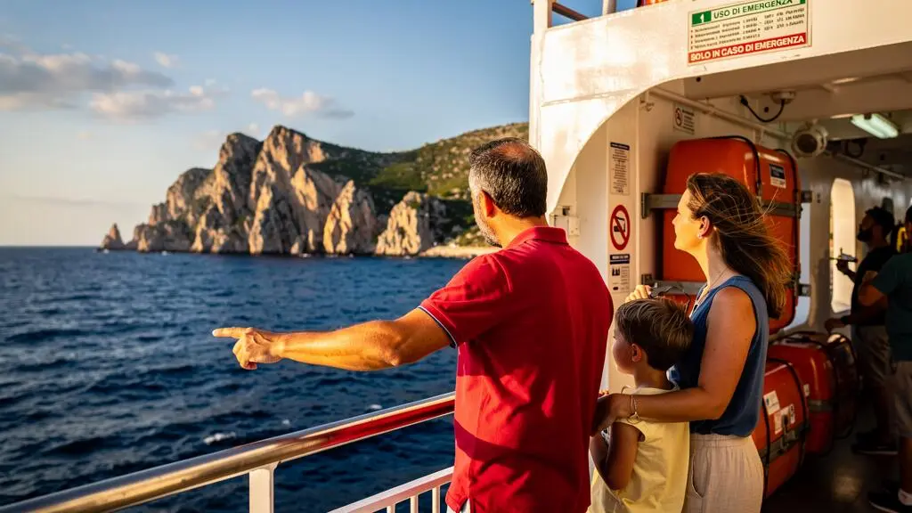 Famiglia sul ponte di un traghetto che osserva la costa della Sardegna in avvicinamento Famiglia sul ponte di un traghetto che osserva la costa della Sardegna in avvicinamento